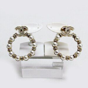 CHANEL White Pearl Logo Earrings